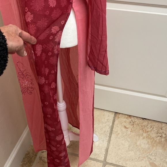 Kurta Sari long silk over dress Womens pink floral appliqué sequins Size M* - Picture 4 of 13